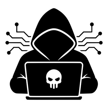 Hooded Hacker at Laptop with Skull and Circuits, Black Vector Icon for Cyber Crime and Hacking