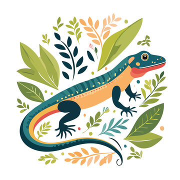 Flat design illustration of a colorful lizard surrounded by leaves