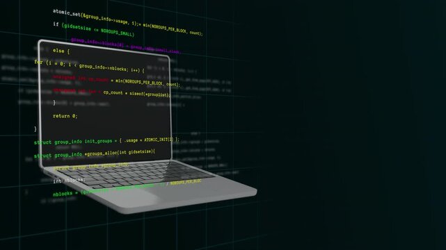 Open laptop computer on dark grid background showing green programming language text and floating development UI panels.