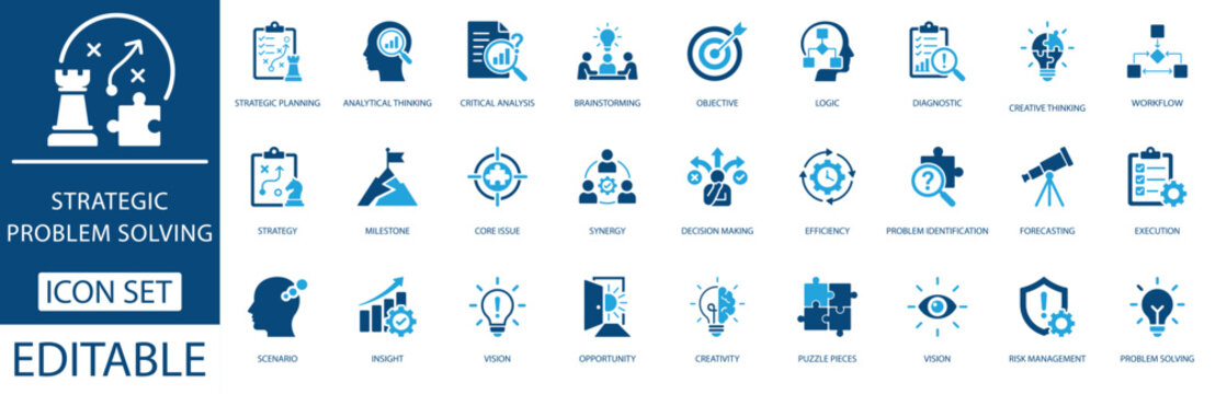 Strategic problem solving icon set featuring corporate business strategy, critical analysis, workflow, decision making, and creative thinking symbols for infographics.