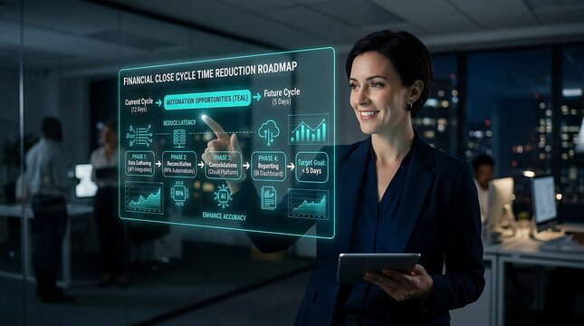 Businesswoman analyzing financial close cycle time reduction roadmap on futuristic holographic screen in office.