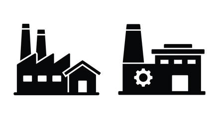 Naklejka premium Two factory buildings with smokestacks and gears black silhouette factories industrial manufacturing plant plants production