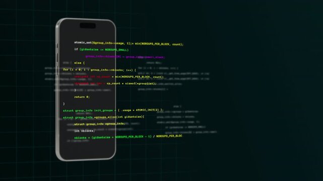 Modern mobile phone screen tracking smart coding syntax application data with floating developer interface grids.