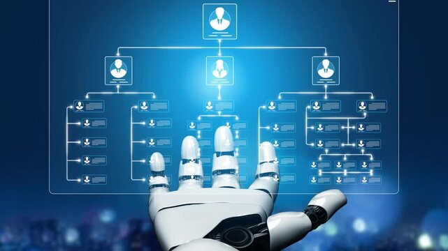 Futuristic robotic hand interacting with digital organizational chart displaying employee data in a corporate and technological environment Sigmoid