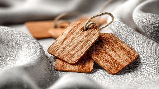 Wooden tags with natural grain patterns tied with twine resting on soft textured gray fabric creating a rustic and cozy aesthetic perfect for labeling or decoration