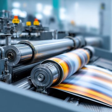 Modern industrial printing press producing vibrant full-color prints with high-speed rollers and advanced machinery in a professional factory setting
