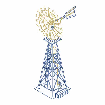 Isometric line art illustration of a classic farm windmill water pump on a steel lattice tower.