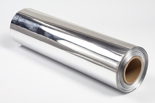 A roll of highly reflective, glossy silver metallic foil material for packaging or craft projects, showcasing a smooth, mirrored surface.