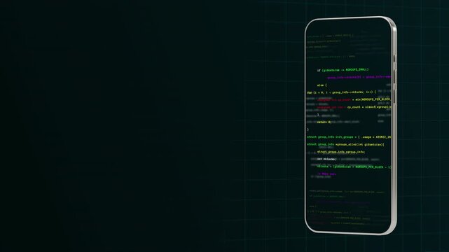 Dual vertical smartphone display visualizing secure software programming code scripts and automated server data logs.