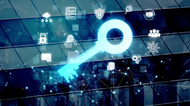 Abstract representation of a digital key against a backdrop of modern buildings, symbolizing security, technology, and innovation in a digital landscape Sigmoid