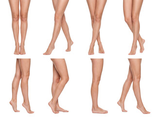 Diverse collection of female legs and bare feet in various natural standing and walking positions. © Jane