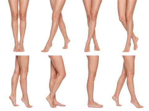 Diverse collection of female legs and bare feet in various natural standing and walking positions.