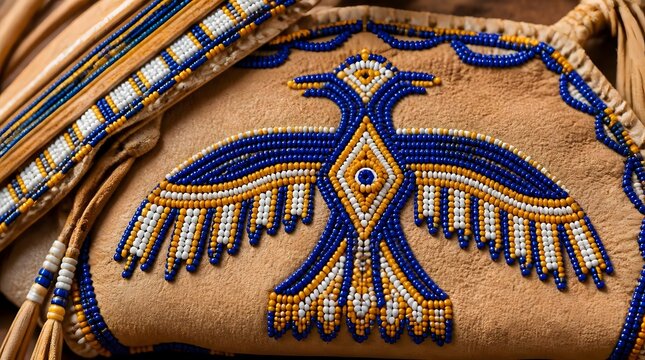 Traditional Native American beadwork thunderbird design on leather bag.