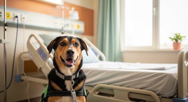 Therapy dog in hospital setting with smiling expression beside empty patient bed and medical equipment. Therapy dog provides comfort in healthcare environment,