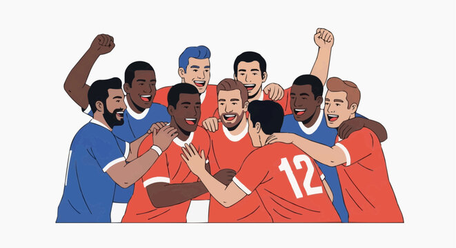 Diverse football players celebrate during the world football tournament with fists raised and arms around each other in unity and joy.