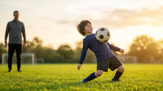 Youth Soccer Players Practicing at Sunset on Field