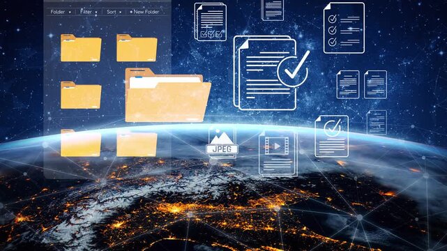 Digital Organization Concept with File Folders and Documents Over Earth in Space Showing Data Management and Storage Solutions Sigmoid