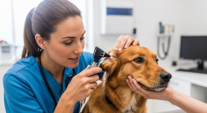 Vet checking dog ears in veterinary clinic with veterinarian examining golden retriever. Veterinary professional conducts thorough ear inspection to ensure pet health and well-being.