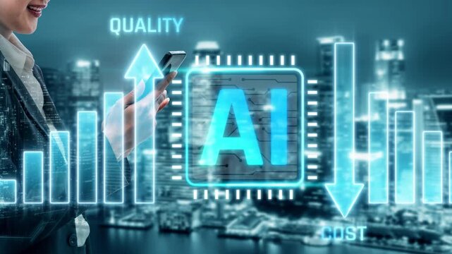 Business professional analyzing data on smartphone with AI technology interface showcasing quality and cost metrics against a city skyline backdrop Sigmoid