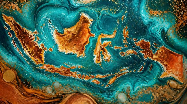 Abstract fluid art map of the Indonesian archipelago in turquoise and orange tones.