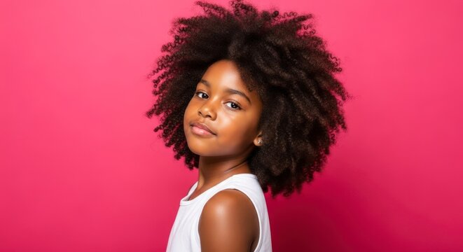 Confident Gaze of a Young Girl with a Beautiful, Voluminous Afro Against a Vibrant Pink Backdrop