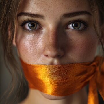 Intense portrait of a young woman with captivating eyes and freckled skin, silenced by a shiny orange satin ribbon tied around her mouth in dramatic lighting