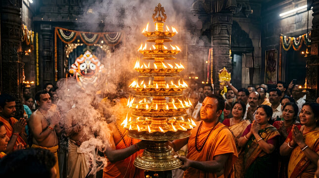 Ganga dussehra ritual with priest holding a large brass oil lamp