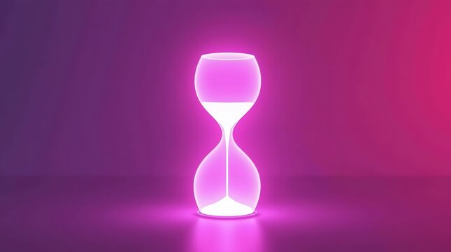 Hourglass gracefully marks time's passage in a vibrant neon glow against a modern magenta backdrop