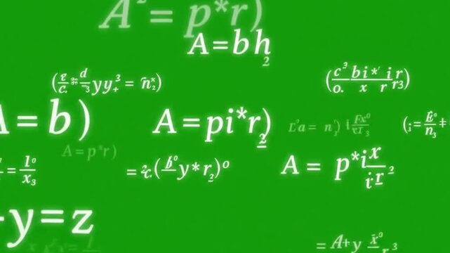 Abstract mathematical formulas and geometric equations floating on a solid greenscreen background 