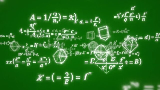 Glowing white geometric shapes and mathematical formulas floating over a dark greenscreen background