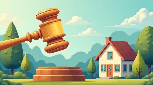 Auction gavel poised above a house represents foreclosure or real estate law concepts