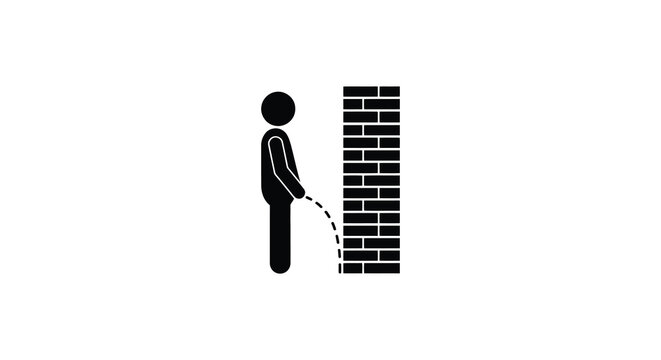 Stick figure urinating against brick wall black and white silhouette man male urination pee micturition