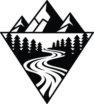 Nature landscape with three mountains, a winding river, and pine trees inside a geometric diamond shape, vector illustration in styles in outline
