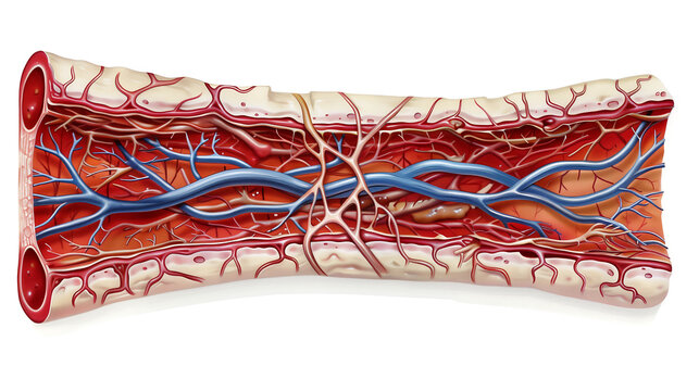 Illustration from a medical textbook, cross-section of human vascular anatomy, enlarged venous structures, detailed blood vessels, realistic tissue layers, educational material for medical professiona