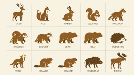 Obraz premium Collection of various wild forest animals in brown silhouette.