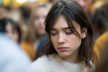Obraz premium Young woman looks down with a pensive expression. Her dark hair frames her thoughtful face. Soft lighting highlights her subtle emotion. She wears a cozy, textured sweater. Crowd behind her is blurred