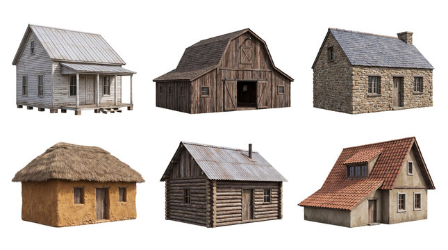 Various historical and rustic buildings 3D render isolated on a transparent background.