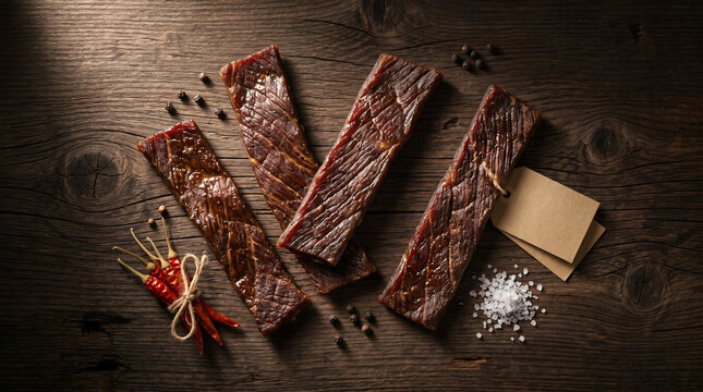 National Jerky Day Hyper Realistic Premium Beef Jerky Strips with Dried Chili Peppercorns and Sea Salt on Dark Weathered Wood, Artisan American Snack Photo 16:9