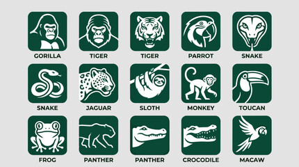 Fototapeta premium Collection of stylized green icons representing various jungle animals with their names below.
