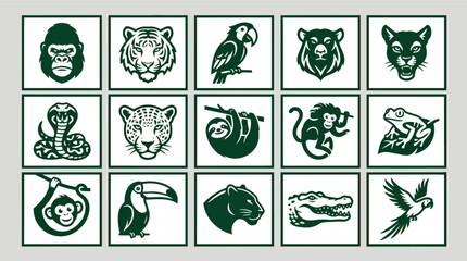 Fototapeta premium Collection of stylized animal heads and full body depictions in green silhouette style.