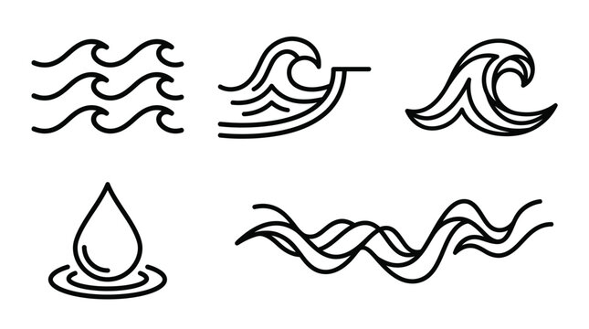 Set of Minimalist Wave and Water Drop Outline Icons