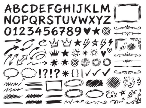Hand drawn alphabet numbers and doodle elements set brush stroke arrows dividers frames and icons vector collection