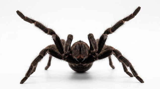 Macro Studio Shot of a Large Black Hairy Tarantula in Defensive Posture with Raised Legs and Fangs Isolated on White Background