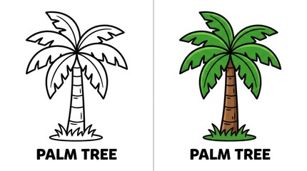 Obraz premium Cartoon Palm Tree Illustration in Black and White and Color on White Background.