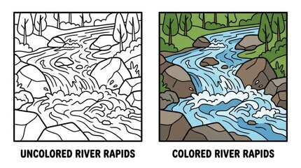 Obraz premium Cartoon River Rapids Uncolored and Colored Illustrations of Natures Beauty.