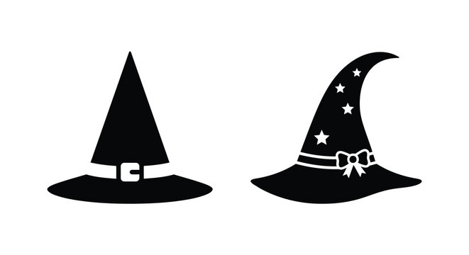 Two Witch Hats With Decorative Elements Black Silhouette hat pointed conical wizard sorceress halloween october