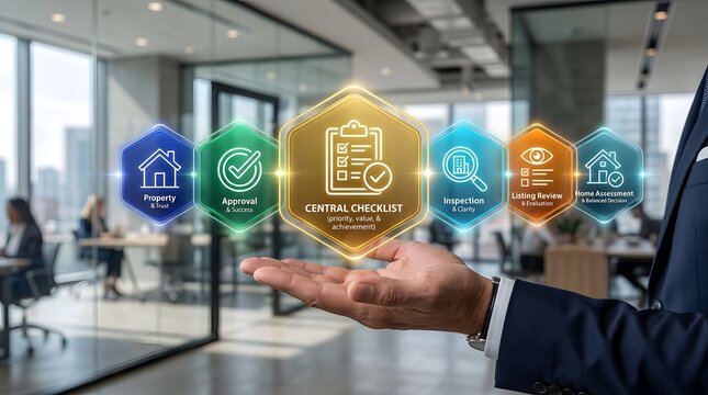 Proptech real estate workflow with glowing central checklist, property approval, and home assessment holographic icons on businessman hand