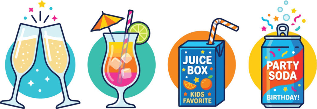 Colorful Party Drink Icons with Champagne Cocktail Juice Box and Soda