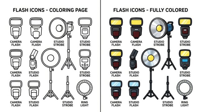 Collection of Flash Photography Icons and Equipment for Creative Projects.
