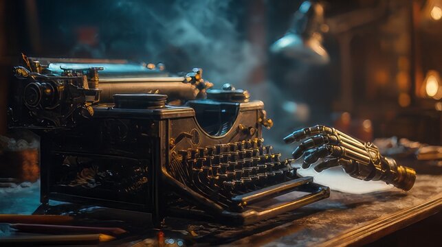 Metallic robot hand typing on a vintage, weathered typewriter. Robot typist intersection of advanced technology and old-fashioned machinery.